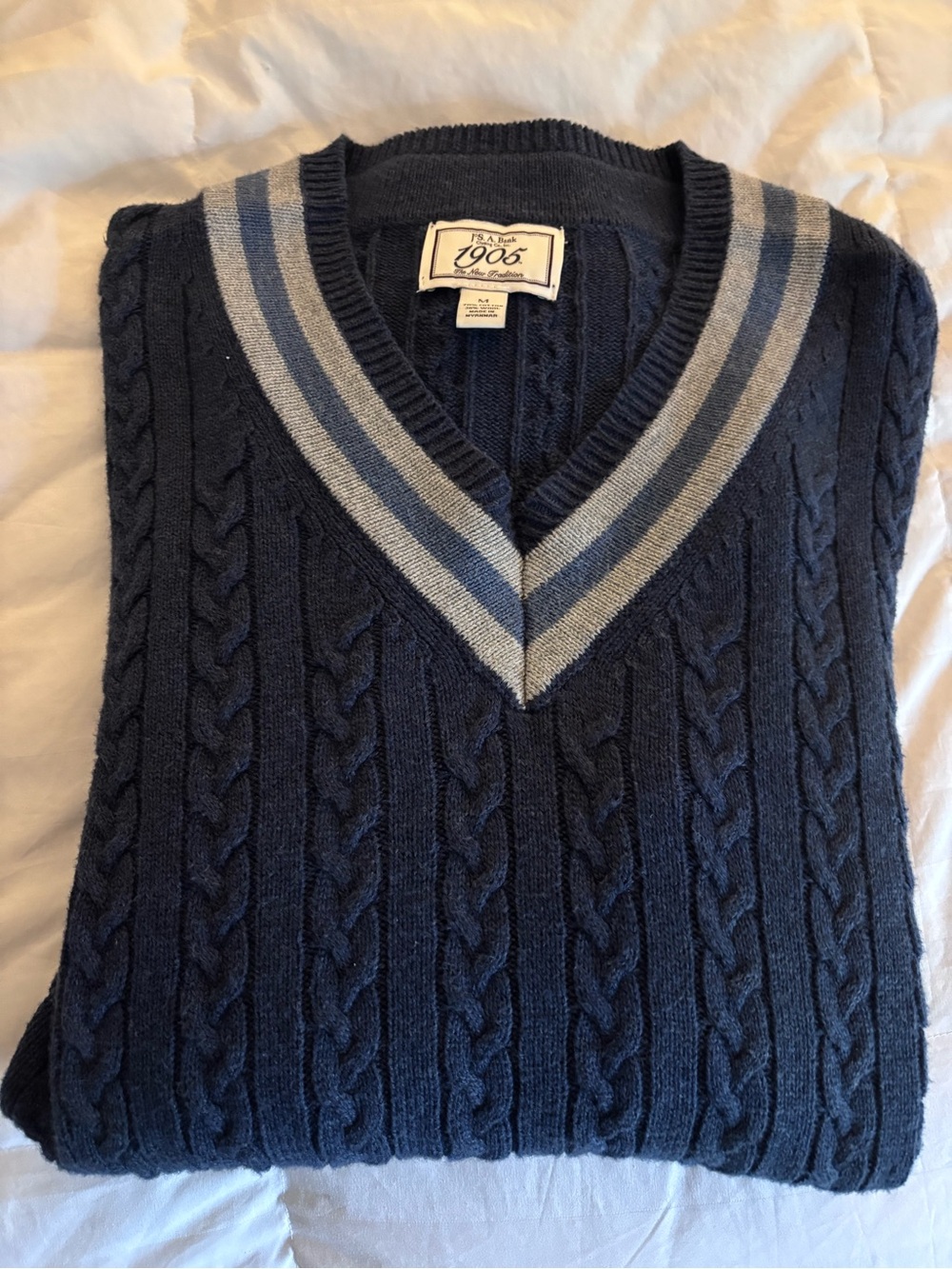 Jos. A. Bank Navy Cable-Knit V-Neck Sweater with Gray and Blue Striped Collar